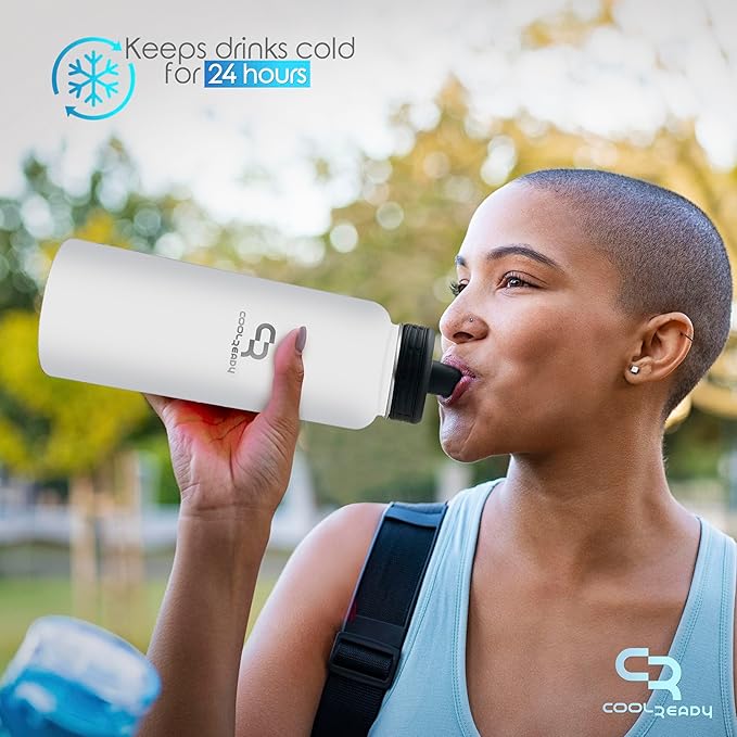 40oz Insulated White Water Bottle With Straw and Handle Lid, Thermos Coffee, Chug Lid - Double Walled Stainless Steel - Metal Water Bottle for Gym, Water Bottles Aesthetics