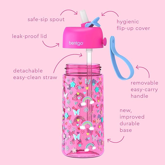 Bentgo Kids Water Bottle 2-Pack - Leak-Proof, Durable Tritan™, BPA-Free 15 oz Cup for Kids/Toddlers 3+; Flip-Up Straw; Dishwasher Safe for School/Sports/Daycare/Camp (Rainbows & Butterflies/Fairies)