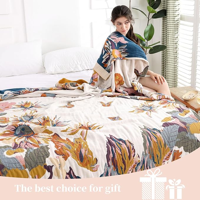 Boho Throw Blanket for Bed - 100% Pure Organic Cotton Ultra Soft Rustic Quilt - Farmhouse Decor Bed Blankets, All Season Rustic Throw for Sofa Couch Chair(91''x 98'', Floral)