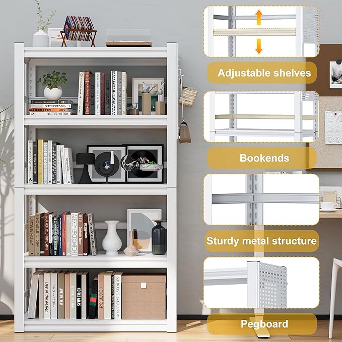 Book Shelf, 5 Tier Bookshelf, Industrial Bookcase Modern Bookshelves for Book/CD/Movie, Metal Shelving Unit for Living Room Home Office Kitchen, White