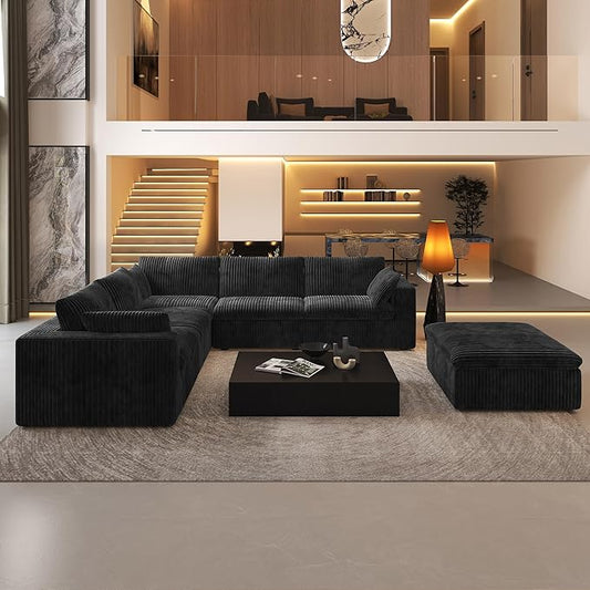 118" 6-Seater Cloud Sofa,Modular Sectional Couch with Ottoman,Modern Deep Seat Upholstered Couches with Corduroy Fabric for Living Room Furniture,Bedroom and Apartment,No Assembly Required,Black