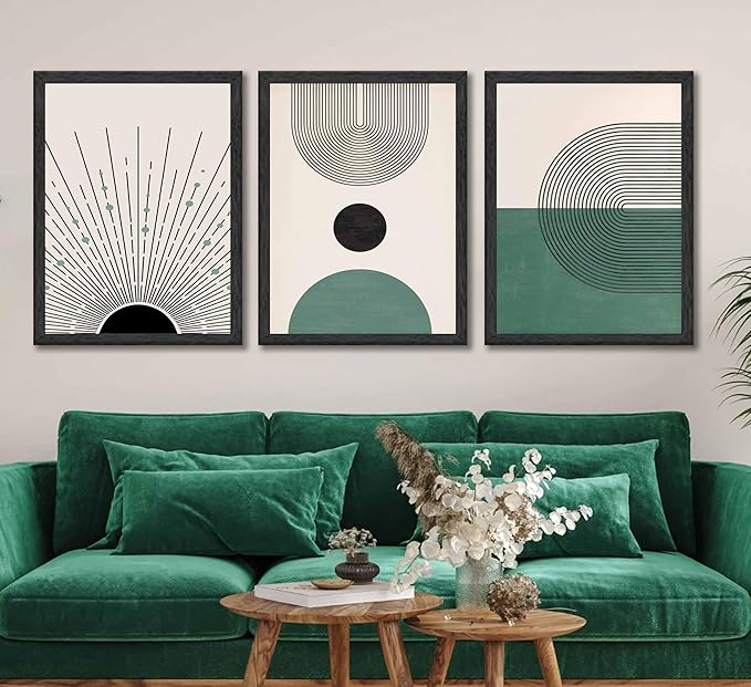 3 Pcs Sage Green Boho Canvas Wall Art Modern Abstract Minimalist Neutral Bohemian Sun Geometric Line Painting Picture Wall Decor Poster Print Artwork for Living Room Bedroom Home Decoration Unframed