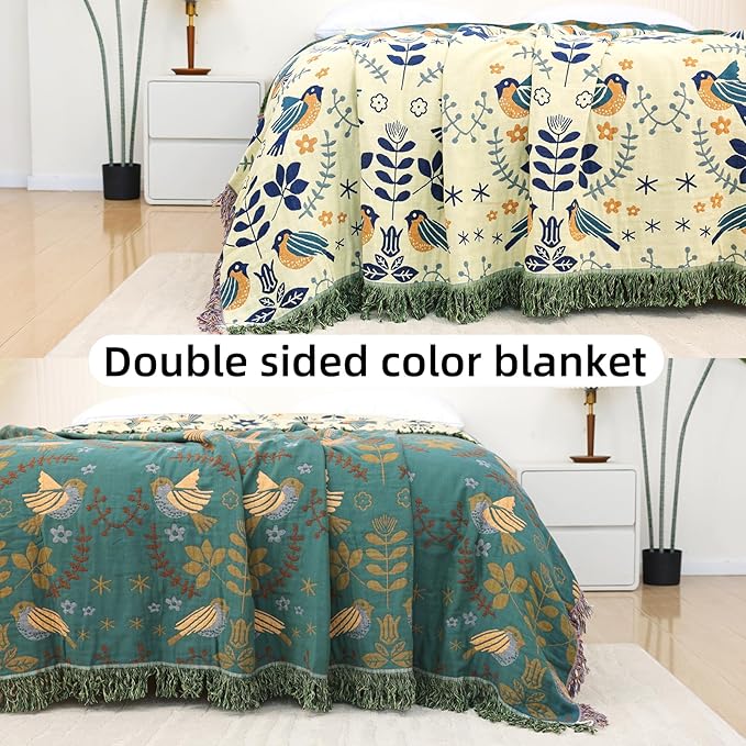 Boho Throw Blanket for Bed, 100% Pure Cotton Ultra Soft Rustic Quilt, Farmhouse Decor Bed Blankets, All Season Rustic Throw for Sofa Couch Chair(91''x 98'', Bird A)