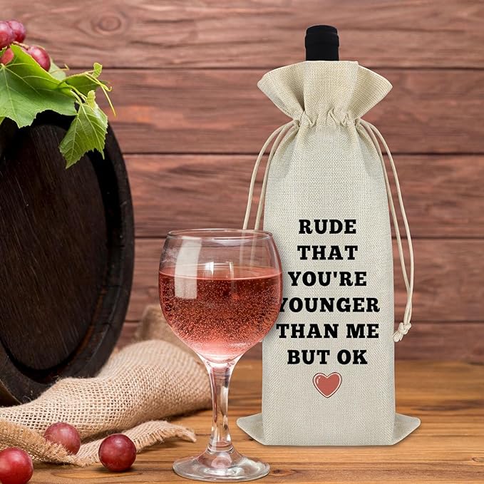 Birthday Gifts for Women Funny Birthday Wine Bags Happy Birthday Gift for Daughter Grandma Reusable Drawstring Burlap Wine Wrap Bag 18th 20th 30th 40th 50th 60th 70th Birthday Gift for Mom Friends