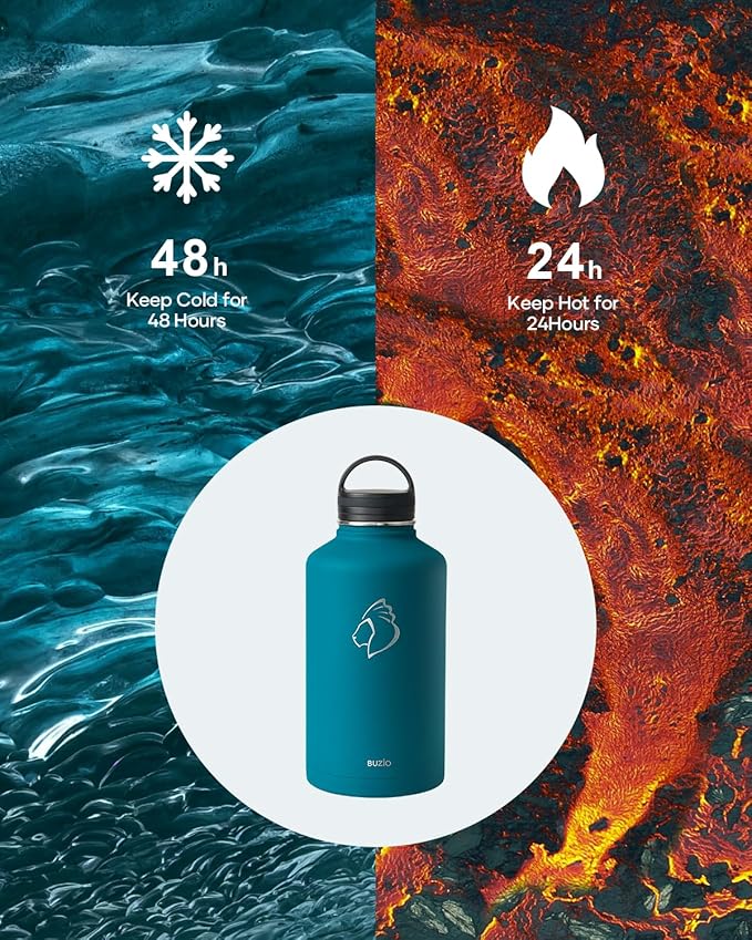 BUZIO Water Bottle with Straw lid, Spout Lid, Hand Lid and Carrying Pouch, 32oz 40oz 64oz Stainless Steel Water Flask Jug, Cold for 48 Hrs Hot for 24 Hrs Double Vacuum Thermo Canteen Mug, BPA-Free