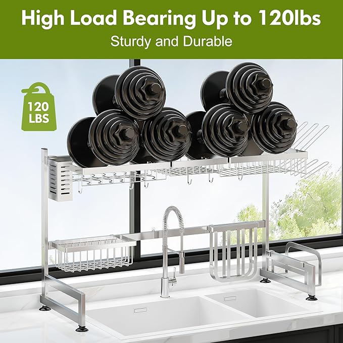 2 Tier Extra Large Stainless Steel Expandable Over The Sink Dish Drainer Drying Rack, Rust Proof Metal, Space Saving, Modern Silver Big Capacity Extendable Plate Strainers Above Kitchen Counter
