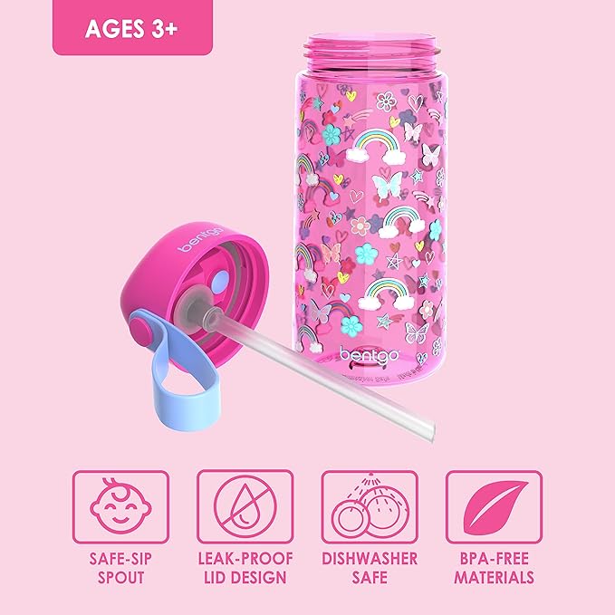 Bentgo Kids Water Bottle - Leak-Proof, Durable Tritan™, BPA-Free 15 oz. Cup for Kids/Toddlers Ages 3+ - Flip-Up Straw & Dishwasher Safe for School, Sports, Daycare & Camp (Rainbows & Butterflies)