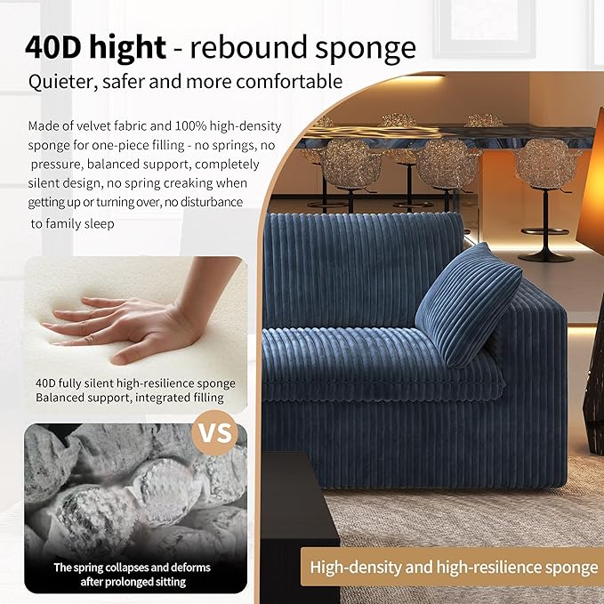 118" 6-Seater Cloud Sofa,Modular Sectional Couch with Ottoman,Modern Deep Seat Upholstered Couches with Plush Corduroy Fabric for Living Room Furniture,Bedroom and Apartment,No Assembly Required,Blue