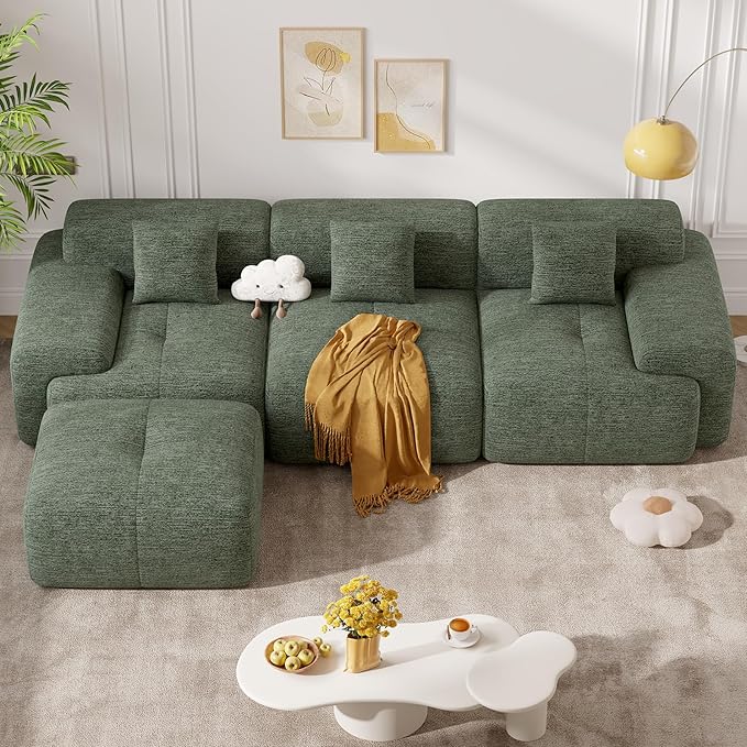 122" Modern L Shaped Modular Sectional Sofa, Boneless Couches for Living Room with Ottoman,4 Seater Convertible Chenille Cloud Couch Sofa Set, No Assembly Required, Green 1 PCS