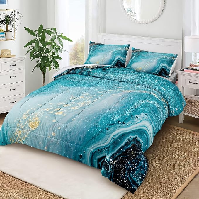 Bedbay Blue and Gold Marble Comforter Set for Girls Boys Teal Blue Bedding Set Twin 3 Pcs Western Bedding Comforter Abstract Art Duvet Set Soft Down Alternative Comforter Bedroom Decor(Blue,Twin)