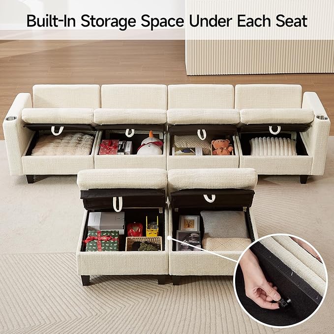 110" Modular Sectional Sofa, Convertible Sleeper Sofa Couch Bed with Adjustable Backrest, U-Shaped Chenille Cloud Couch with Ottoman Storage, Deep Seat Couches for Living Room,Beige