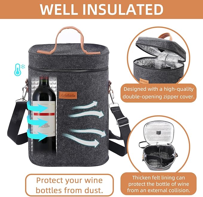 4 Bottle Carrier Tote, Thicken Felt Wine Carrier Padded Portable Wine Bottle Bag with Leather Handles & Shoulder Strap for Party, Picnic, Travel, BYOB (Dark Grey)