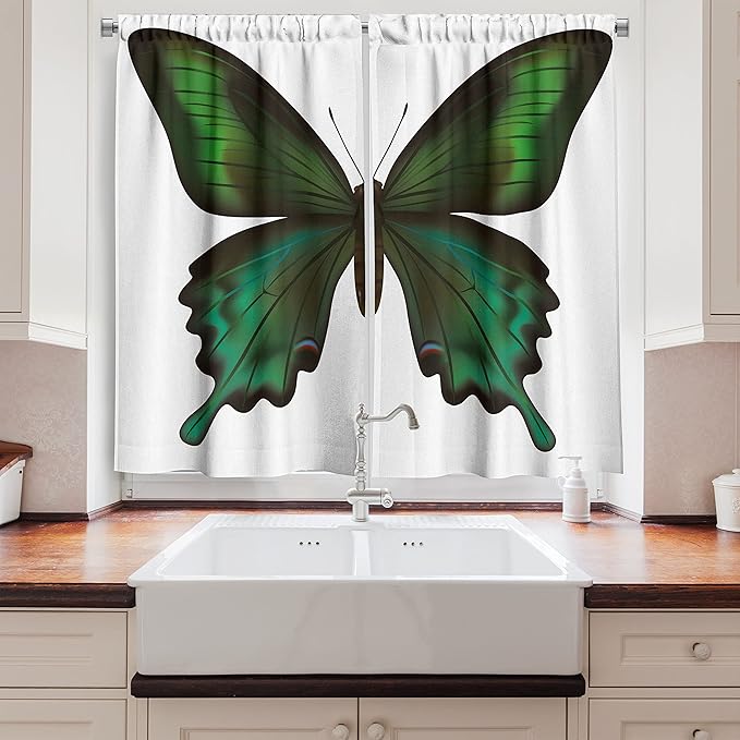 Ambesonne Swallowtail Butterfly Long Kitchen Curtains, Realistic Exotic Wildlife Creature in Green Tones, Two Panels Drapes with Rod Pocket Room Decor, 55" x 45", Olive Green