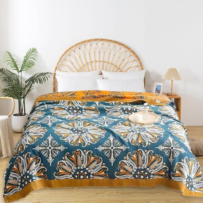 Boho Throw Blanket for Bed - 100% Pure Cotton Ultra Soft Rustic Quilt - Farmhouse Decor Bed Blankets, All Season Rustic Throw for Sofa Couch Chair(80''x 90'', Boho Floral)