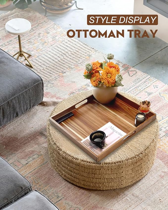 22 Inches Square Acacia Wood Ottoman Tray, Extra Large Wooden Serving Tray with Handles for Living Room, Serving Food Breakfast, Ottoman Coffee Table Couch Sofa Kitchen