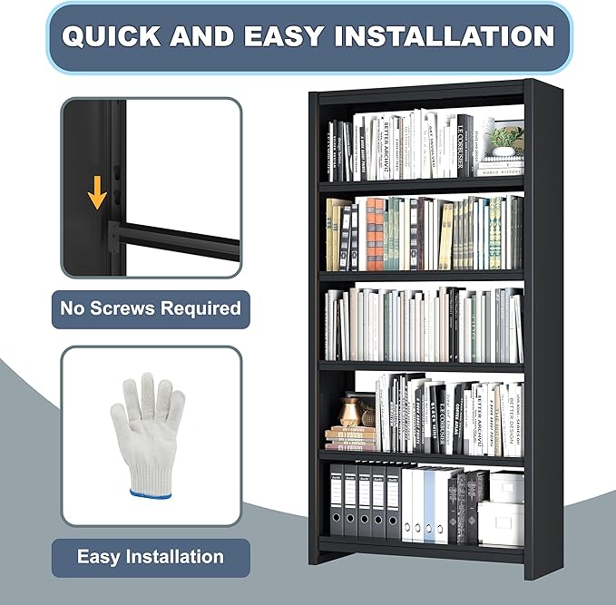 Bookshelf, 5 Shelf Bookcases, Tall Bookcase for Heavy Books, CDs, Movies, Garage Kit, Modern Display Shelf for Library Home Office Bderoom Living Room, Metal Bookshelves Industrial Black