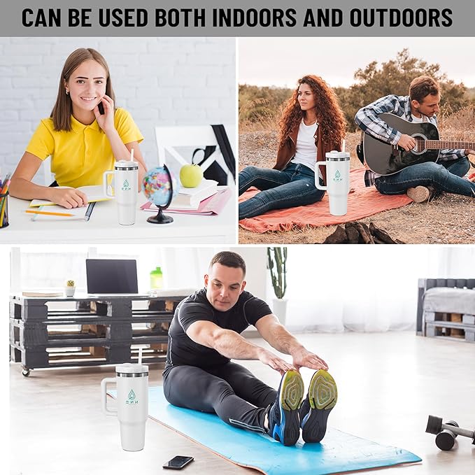 40oz stainless Steel Insulated Tumbler with Handle, lid and straw for cold water, Iced tea, or coffee - 100% Leak-Proof - Cupholder Friendly Travel Mug- Gifts for Women Men Him Her (white)