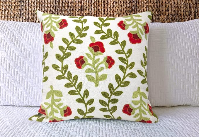 Alysheer Floral Embroidered Summer Decorative Throw Pillow Cover 18"x 18", Farmhouse Cottage Red Flowers Green Leaves Knit Pattern Cotton Canvas Cushion Case for Sofa Couch Bed Living Room Decor