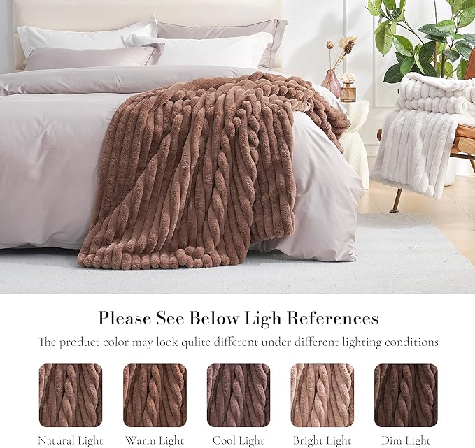Amélie Home Faux Fur Throw Blanket for Couch, Cozy Fuzzy Fluffy Fur Luxurious Soft Striped Plush Gift Blankets for Family Sofa Chair Bed Living Room Bedroom, 55"x70", Light Coffee