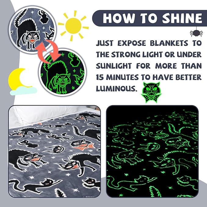 Black Cat Blanket Glow in The Dark Blanket for Adults Cat Lovers Halloween Blanket for Women Kids Halloween Decorations for Room
