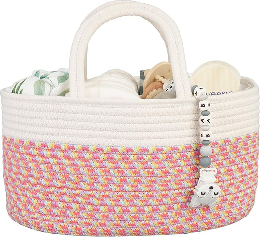 Baby Diaper Caddy Organizer for Girl Boy Rope Nursery Storage Bin Basket Portable Holder Tote Bag for Changing Table Car Travel Baby Shower Gifts Newborn Registry Must Haves
