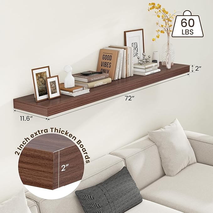 12 Inch Deep Floating Shelves for Wall | 72W x 12D Floating Shelves Set of 1 | Rustic Walnut Long Floating Shelves for Living Room Bathroom Laundry Room Bedroom Kitchen Home Office