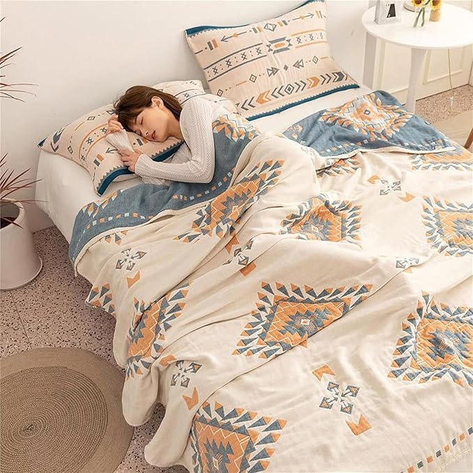 100% Cotton Throw Blankets for Couch Bed Chair Sofa,Cotton Quilt Throw Woven Boho Bed Blankets,Versatile Knit Woven Super Soft Decorative Blanket for Women,80''Wx 90''L