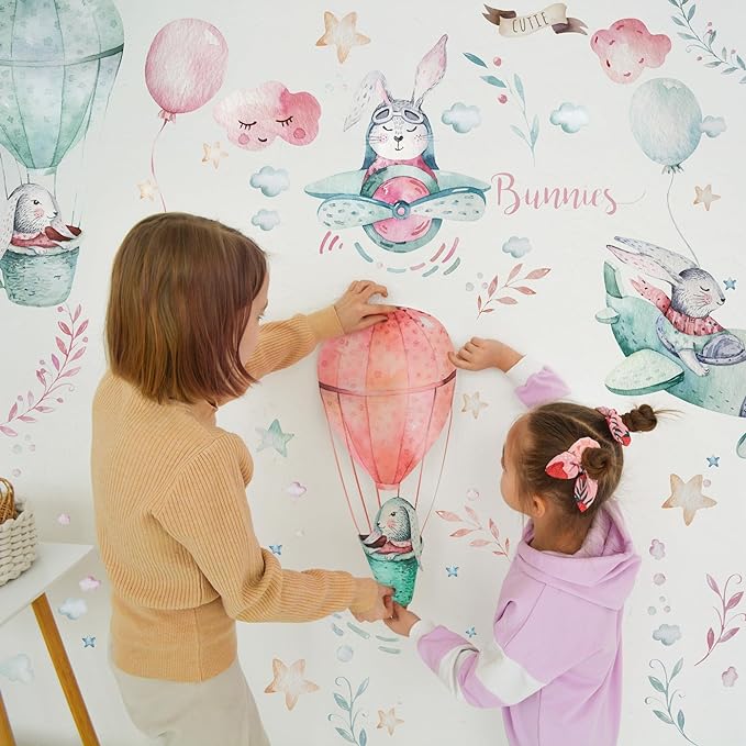 Bunny Wall Decals for Kids by Lipastick - Rabbits Wall Stickers Peel and Stick - Hot Air Balloon Wall Decals for Girls Boys Kids Baby Nursery Room Bedroom - Bunies Wall Decor Aircraft S Size