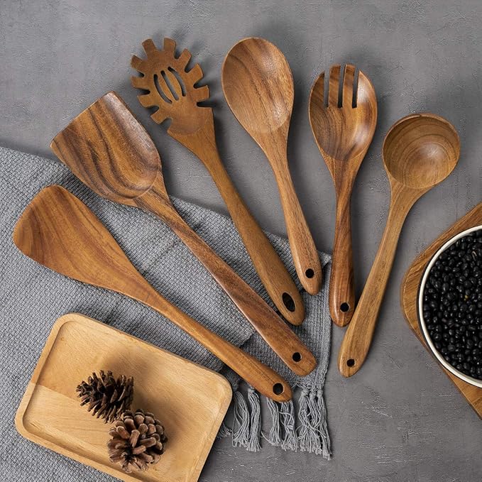 AIUHI 10 Pack Wooden Spoons for Cooking, Teak Wood Kitchen Utensils Set for Non Stick Use, Spatula Set for Stirring, Baking, Non Stick Wooden Utensils for Kitchen