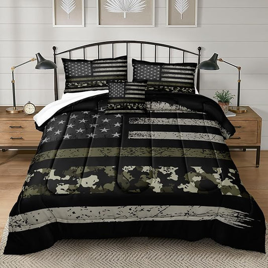 Bedbay American Flag Bed Comforter King Size Camo Comforter Set Black Grey Army Green Camouflage USA Flag Bedding Quilt Set Room Decor for Men 4 Pcs Soft & Lightweight Down Comforter (Camo,King)