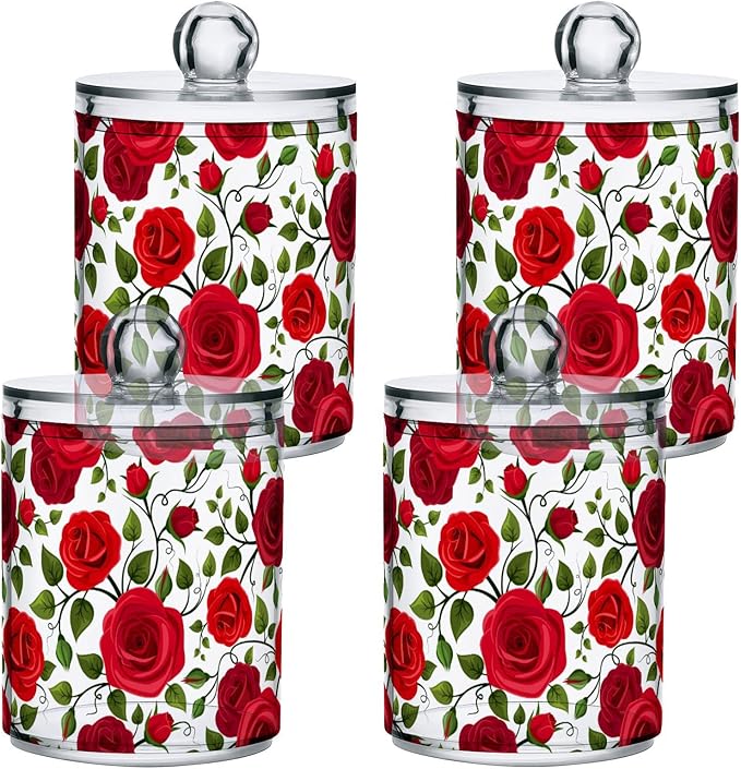 2 Pack Qtip Holder Dispenser Red Rose Flowers Bathroom Storage Canister Lid Acrylic Plastic Apothecary Jar Set Vanity Makeup Organizer for Cotton Swab/Ball/Round Pads, Floss