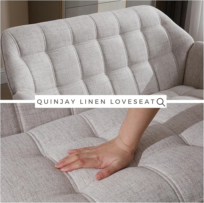 48" Small Loveseat Sofa, Modern Linen Fabric Mini Sofa Couch 2-Seater Love Seat with Quilting Backs and Wood Legs for Living Room, Bedroom and Small Space, Beige