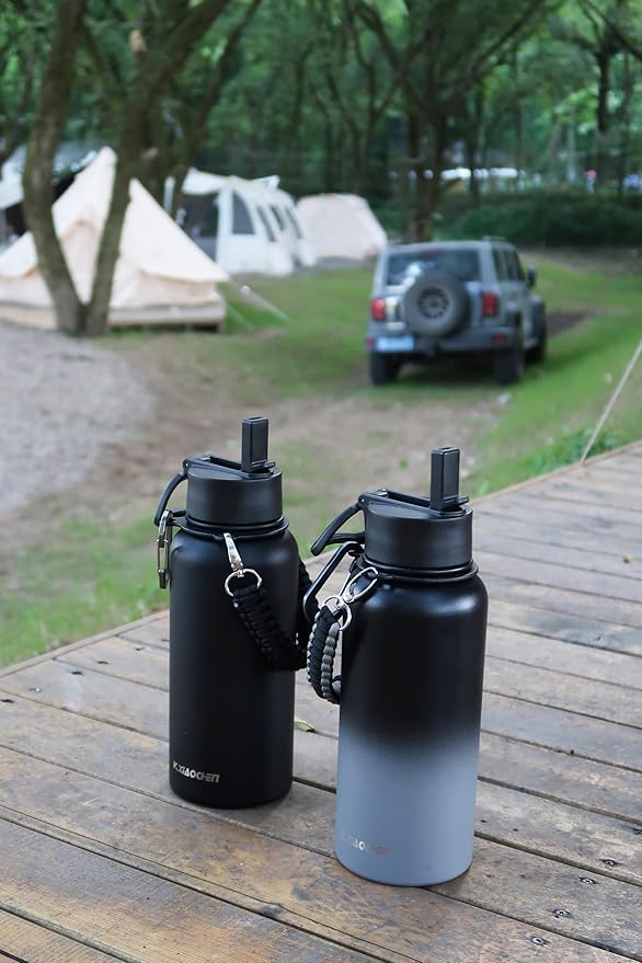 32 oz Insulated Water Bottle with Paracord Handles & Strap, 2 Lids(Straw Lid&Spout Lid), Stainless Steel Reusable Wide Mouth Metal Water Bottle With Straw, Double Walled, Thermo Mug(Black Gray)
