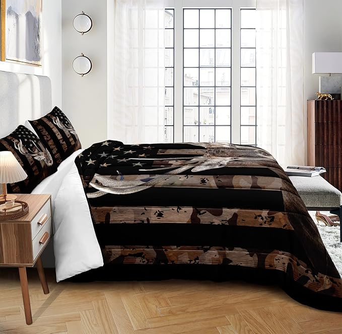 Bedbay Hunting Deer Bedding Comforter Sets King Size American Flag Camo Bedding Room Decor for Men Adults Boys Camouflage Quilt Set Stars Stripes USA Flag Down Alternative Comforter 4 Pcs(Deer,King)