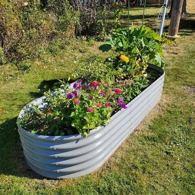 1 Pack 8x3x1.5FT Galvanized Raised Garden Bed Kit Oval Metal Ground Planter Box Outdoor Bottomless Planter Raised Beds for Vegetables Flowers Herbs Fruits, Gray