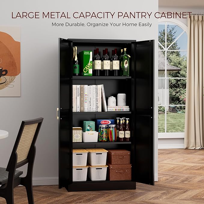60" Tall Metal Pantry Cabinet, Black Kitchen Pantry Storage Cabinet with Doors and 3 Adjustable Shelves, Cupboard for Kitchen, Dining Room, Living Room, Bathroom