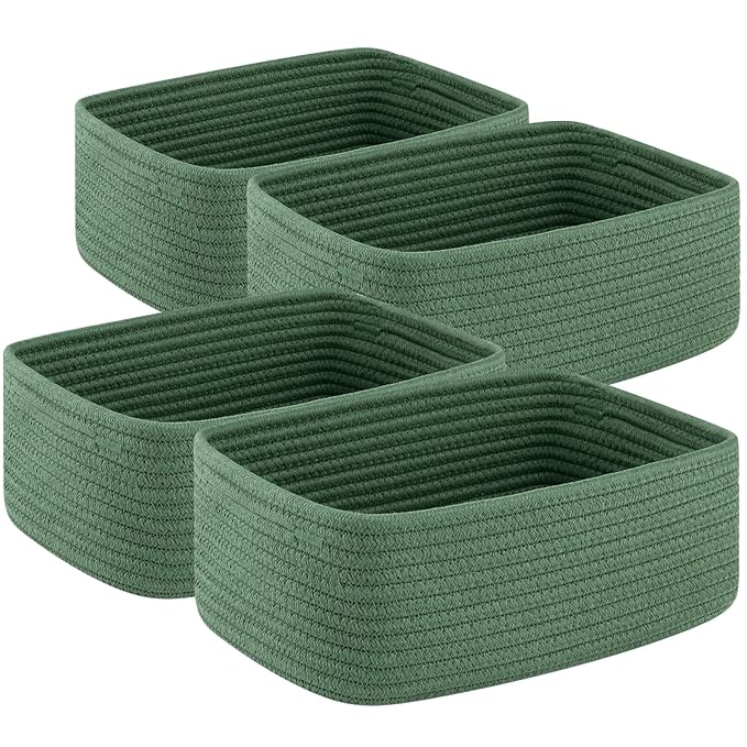 4 Pack Small Storage Shelf Baskets for Organizing, Mini Woven Rope Storage Bins for Towels, Cute Decorative Closet Organizer，Baby Nursery, Gift Empty Baskets -11.81''Lx7.87''Wx4.72''H-Green