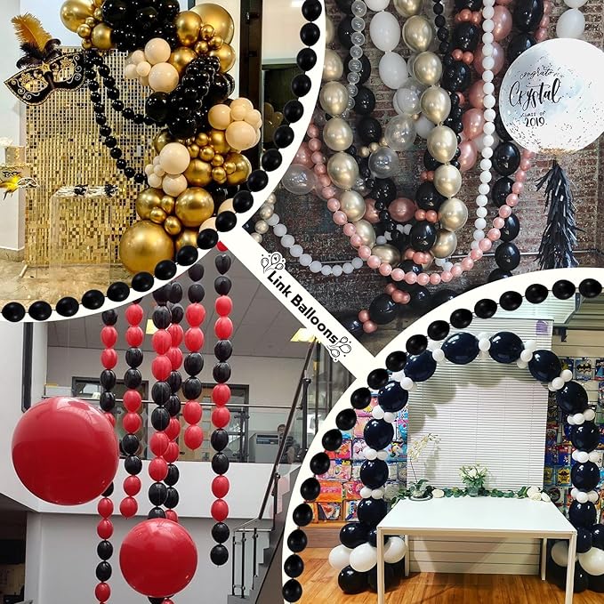 Black Linking Balloons, 100PCS Linked Balloon with Tail for Balloon Wall Arch and Chains, Quick Linkable Balloons for Wedding Birthday Baby Shower Engagement Graduation Party Decorations (10inch)