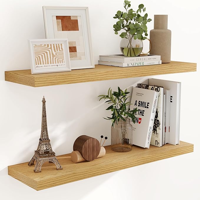40 Inch Floating Shelvese, 40" W x 9" D Floating Shelf Set of 2, Farmhouse Wood Wall Shelves for Bedroom, Kitchen, Wall Mounted Deep Shelving for Home Decor, Oak Color