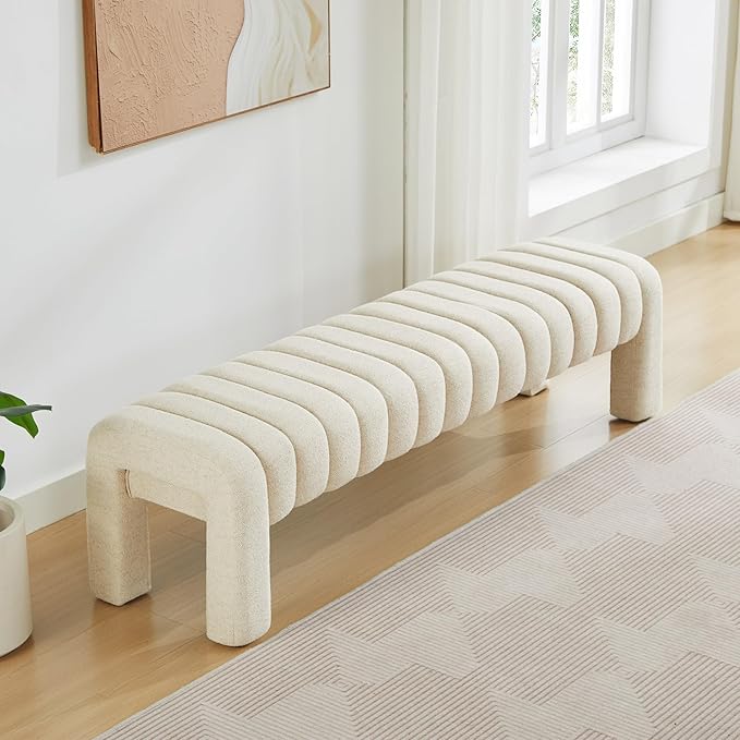 63" Bedroom Bench, Upholstered Entryway Bench, Modern End of Bed Ottoman with Solid Wood Legs and Adjustable Foot Pegs for Entryway, Dining Room and Living Room (Beige Linen)