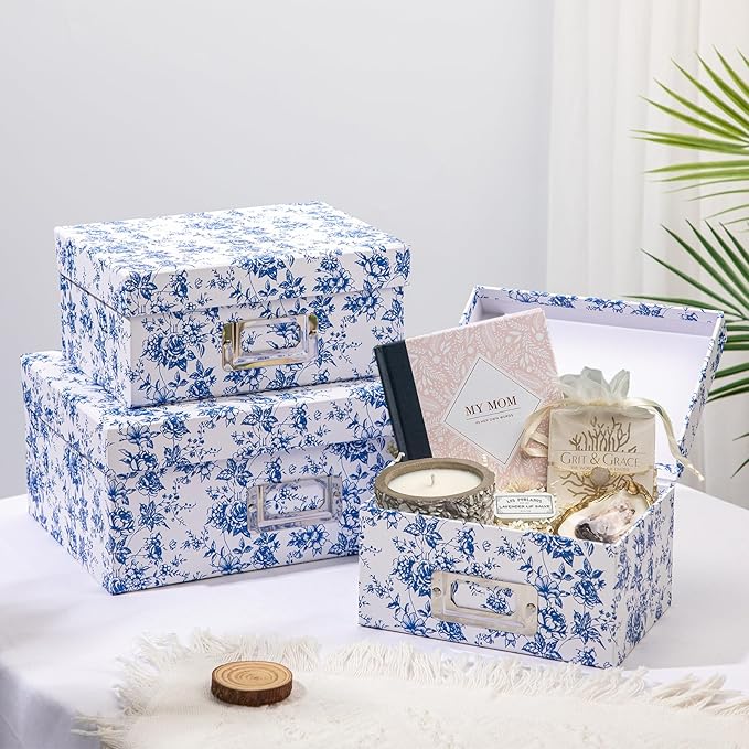 Briful Blue and white Porcelain Storage Boxes, Photos Storage Boxes with Lids 4 in 1 Set Water-proof Gift Boxes Sets Decorative Multiple Size Storage Bins for Clothes/Shoes/Office/Cosmetic/Books