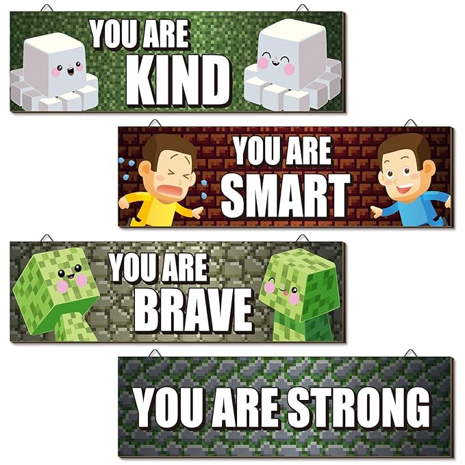 4 Pcs Game Bedroom Wall Decor Boys Room Decor for Kids Inspirational Wooden Hanging Wall Sign Motivational Quote Car Wall Decor for Boys Kids Nursery Playroom Kindergarten