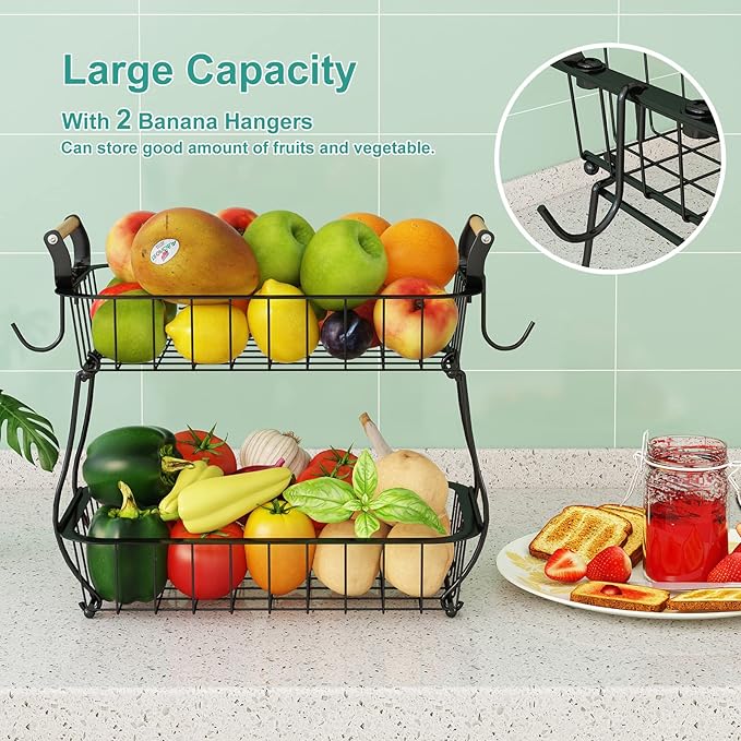 ANTOPY 2 Tier Fruit Basket with 2 Banana Hangers, Countertop Fruit Vegetable Basket Bowl for Kitchen Counter Metal Wire Fruits Storage Stand Holder Organizer for Bread Snack Veggies Produce