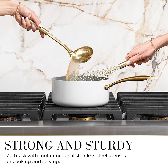 7-Piece Beige & Gold Kitchen Utensils Set – Non-Toxic Silicone & Stainless Steel Tools for Cooking, Serving, & Hosting – Ideal for Nonstick Cookware & Modern Kitchens, with Gold Utensil Holder