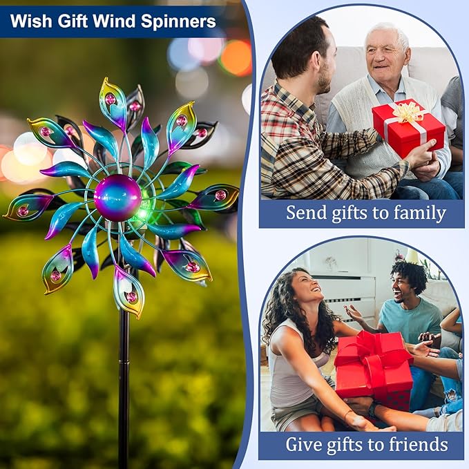 360°Peacock Solar Wind Spinner with Lights Blue Metal Garden Outdoor Decor Yard Lawn Art Decor for Patio Kinetic Windmills Unique Gifts for Friends and Family 51.9' H x 12.2'' Dia