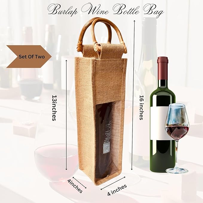 Bulap Wine Gift Bags with Window - 2 Pcs Natural Jute Wine bottle Carrier Bags for Birthday, Wedding, Anniversary, Party, Festival, Christmas Gift (2x Bags for 1-Bottle)