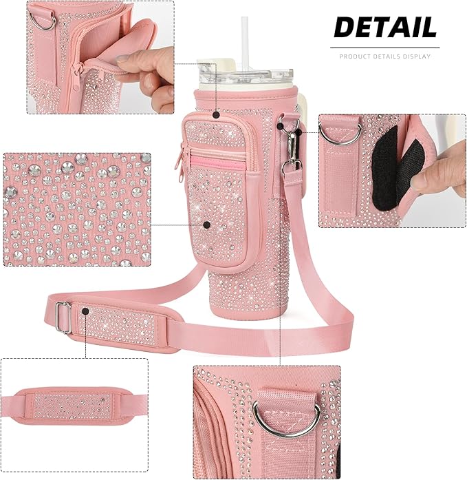 Bling Water Bottle Carrier Bag with Phone Pocket,Water Bottle Holder Bag for Stanley Cup Accessories,Cup Holder with Adjustable Shoulder Strap with Stanley 40 & 30 oz Tumbler,Pink