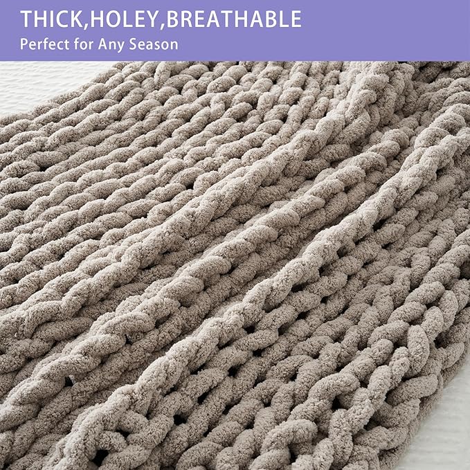 Bigacogo Chunky Knit Throw Blanket for Couch, 40x80 inches, 100% Hand Knitted with Thick Jumbo Chenille Yarn, Cozy Soft Large Rope Knot Cable Crochet Blankets for Sofa Bed Living Room, Taupe