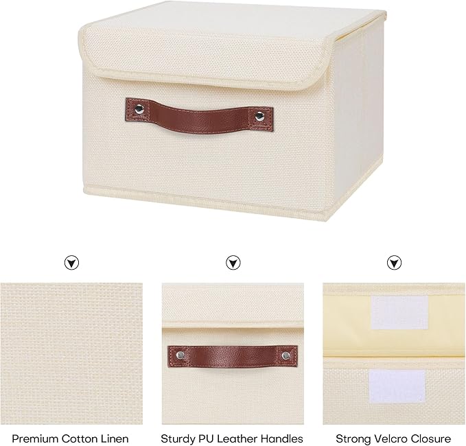 ANMINY 4PCS Storage Bins with Lid PU Leather Handles Storage Boxes PP Plastic Board Decorative Foldable Lidded Cotton Linen Fabric Home Cubes Baskets Closet Organizer Containers - Beige, Small Size
