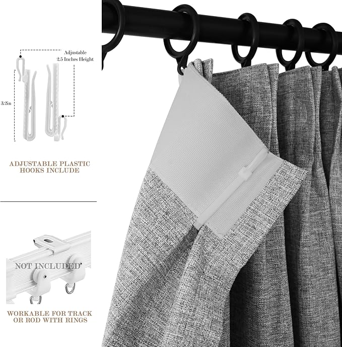 70" W x 108" L Faux Linen Room Divider Curtains, Full Blackout Pinch Pleated Drapes for Traverse Rod, Bedroom Divider Privacy Drapery with Hooks for Ceiling Track, 1 Panel, Light Grey